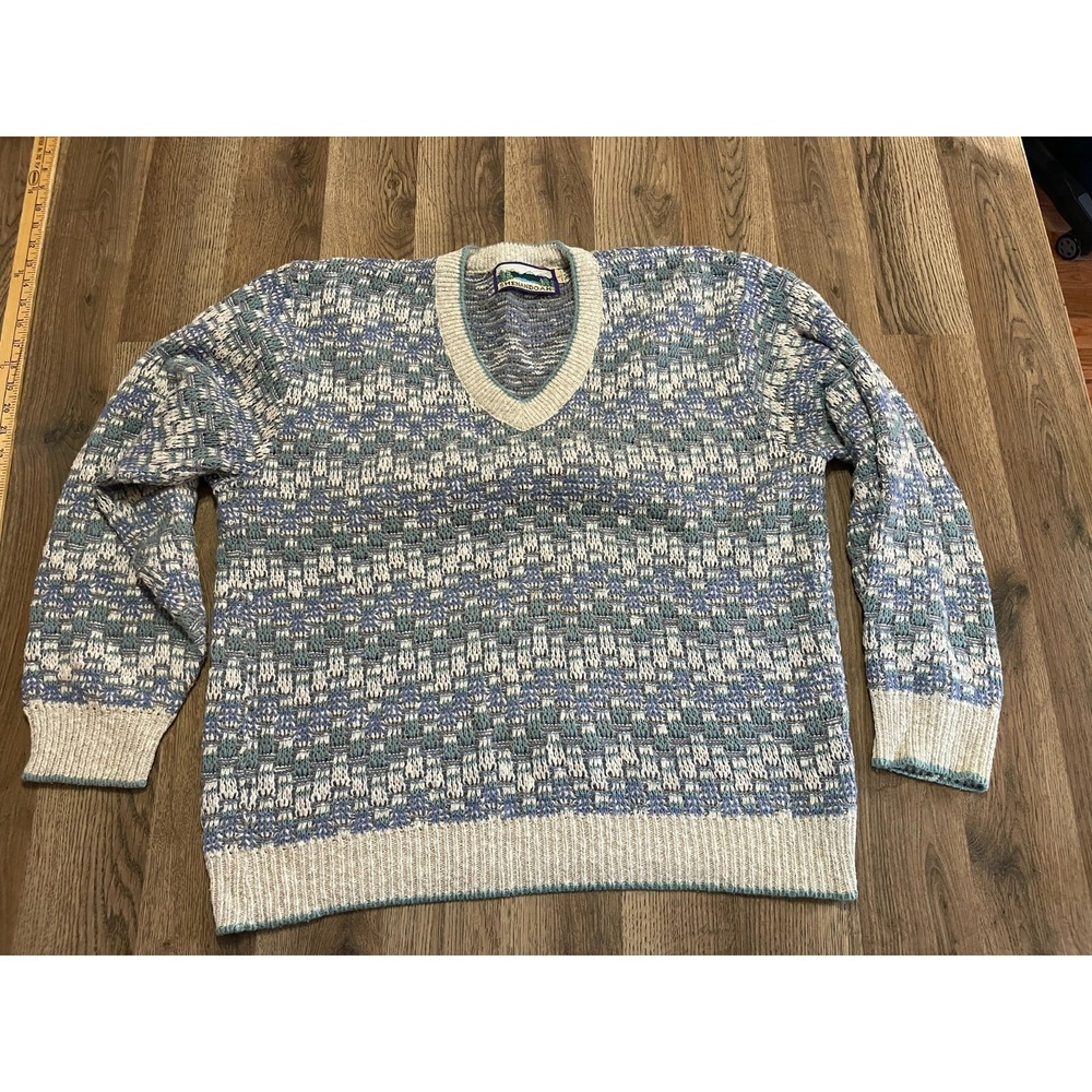 Shenandoah Sweater, Men's Size Large, Blue Green Cream, V-neck, Pullover